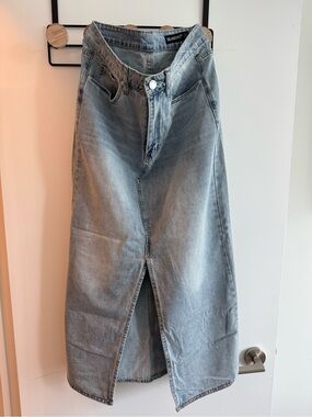 Blank NYC Light Blue Denim Maxi Skirt with Center Front Slit